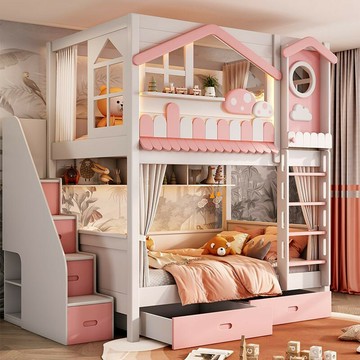 免運公司貨 樹屋床 兒童床 蘑菇树屋粉色儿童床 女孩公主床 实木高低床 姐弟子母床 上下床 双层床 可開發票 全館五折 工廠現貨直銷 新品特價 z11012