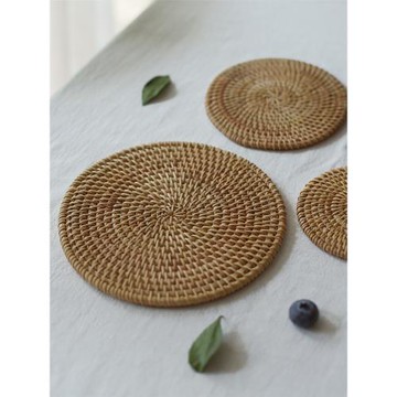 然而家居 環保杯墊茶道配件茶具餐墊手工編織藤編圓形墊子隔熱墊