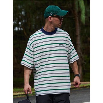 Broshood 25ss 日系寬松休閑橫條紋繡花logo短袖百搭潮流T恤上衣