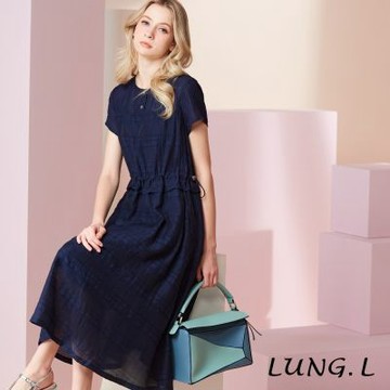 LUNG.L林佳樺 深藍色收腰抽繩設計提花短袖洋裝 LU50H