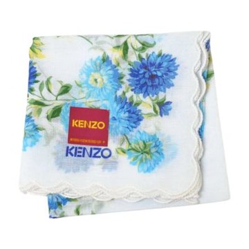 KENZO 經典品牌粉漾花園荷葉邊圖騰字母LOGO帕巾(白底/47CM)