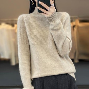 秋冬新款羊毛衫女慵懶風絞花半高領純羊毛衫寬松時尚百搭打底毛衣