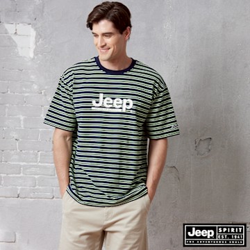 JEEP 男裝 品牌LOGO跳色條紋短袖T恤-藍色
