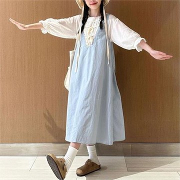 山系背心洋裝雙面穿科技面料綁帶背心裙日系連衣裙花邊領襯衫兩件