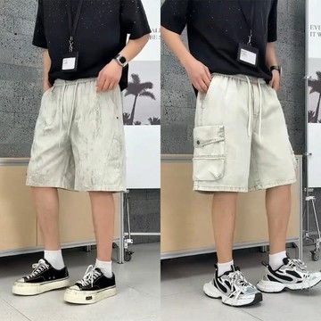 【兩款任選】寬鬆五分短褲 男 復古水洗 雙口袋立體工裝 闊腿寬版 抽繩鬆緊 休閒短褲 工裝短褲 男#95530