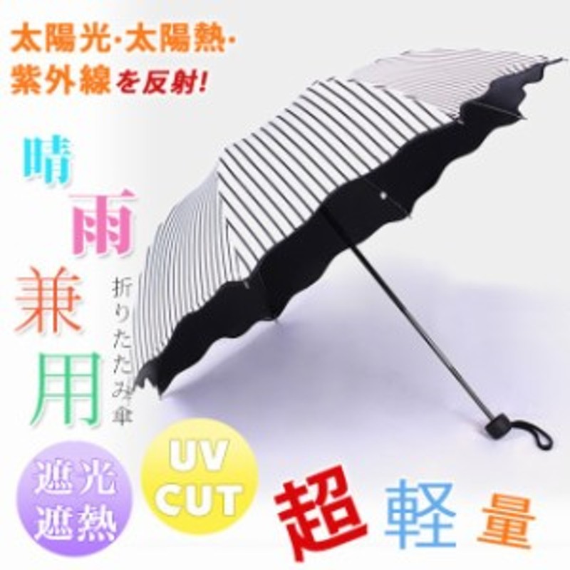 ストライプ 日傘 折りたたみ傘 完全遮光 UVカット! 100％遮熱 晴雨兼用 