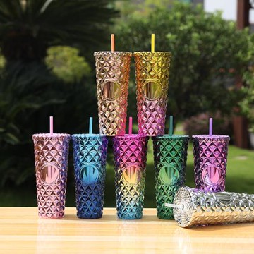 廠家直供跨境雙層塑料杯大容量女生電鍍榴蓮吸管杯水杯跨境熱銷