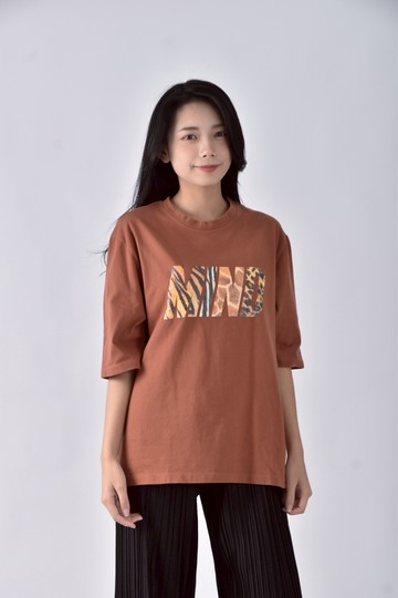 (L) sewing韓牌棉質圓領寬鬆棕色短袖上衣