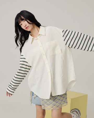 天絲棉針織條紋拼袖涼感襯衫(兩色)