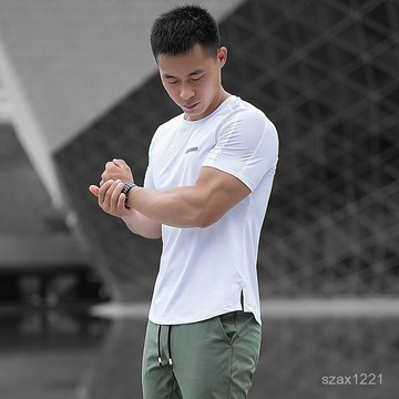 【臺灣出貨】運動T恤修身冰絲輕薄透氣彈力速幹男士開叉健身跑步圓領短袖健身衣休閒運動上衣