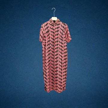 二手 黑紫紅 網眼 刺繡 開衩 無彈性 古董 短袖旗袍 CA1124