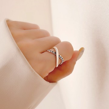 [全純銀.戒指] 幾何交叉鍊條戒指【UME】戒指/可調戒圍戒指/純銀戒指/S925純銀