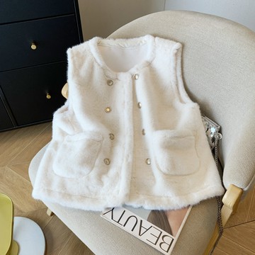 【小歡喜Little Joy】杏色小香風雙排扣馬甲外套女 秋冬毛絨開衫加厚保暖無袖上衣