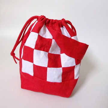 格紋拼布手提包：紅色