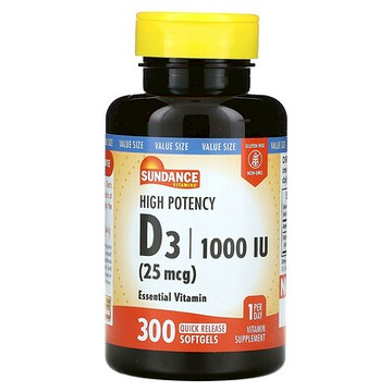 Sundance Vitamins, 優效 D3，25 微克（1000 國際單位），300 粒速釋軟膠囊