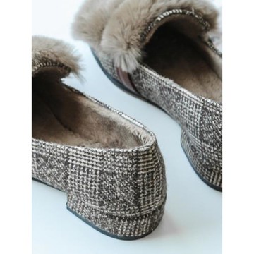 粗跟方頭加絨女單鞋毛毛鞋女冬保暖外穿百搭中跟網紅女豆豆鞋春秋