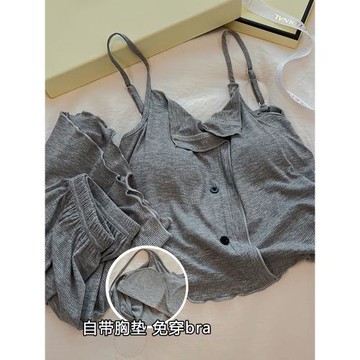莫代爾棉睡衣女夏季純棉帶胸墊吊帶短褲簡約灰色性感小個子家居服