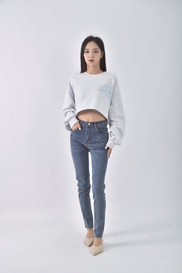 (S) ajpeace高腰丹寧牛仔不修邊合身藍色長褲