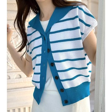 韓國女裝連線 - 韓製 清爽棉麻排釦落肩短袖針織外套/上衣-條紋-土耳其藍 (FREE)