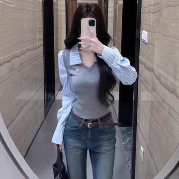 韓繫條紋假兩件上衣 拼接長袖T恤女 秋季設計感襯衫女 別緻修身顯瘦襯衣女 chic上衣潮 韓版