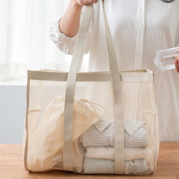 韓國 byfulldesign - 韓製方型網眼寬底收納肩背/手提包-米杏 (360x305x170mm)