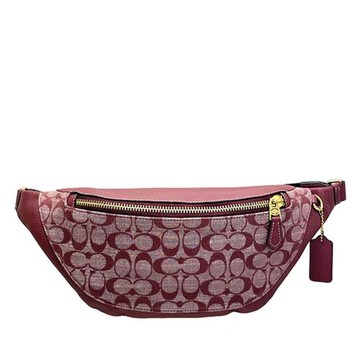 【COACH】滿版LOGO拼接皮革雙層腰包 -酒紅