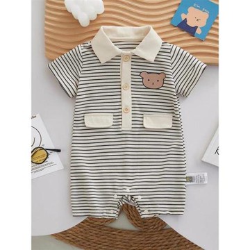 嬰兒連體衣夏裝純棉寶寶可愛條紋短袖哈衣男孩周歲新生夏季外出服