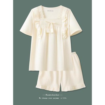 宮廷公主風睡衣女款短袖夏提花純棉甜美帶胸墊法式方領可愛家居服