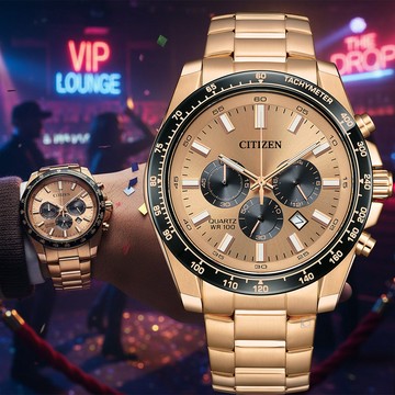 CITIZEN 星辰 Chronograph 運動計時 時尚腕錶 男錶 手錶-44mm黑x玫瑰金色 AN8236-52P