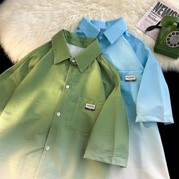 漸變色短袖襯衫男夏季薄款冰絲寬松休閑外套小眾潮牌情侶半袖襯衣