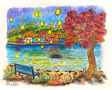 秋夜 1 水彩畫、風景畫、自然畫