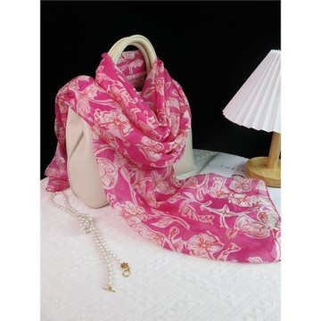 長絲巾玫紅色搭配薄款披肩護頸裝飾女紗巾真絲桑蠶絲冬季保暖圍巾