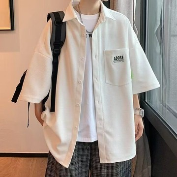 華夫格短袖襯衫男士夏季薄款寬鬆休閒高級感襯衣青少年半袖上衣服