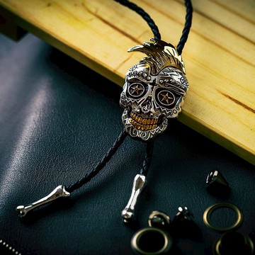 墨西哥骷髏頭 龐克款 保羅領帶 Bolo Tie 皮革項鍊 皮繩領帶 領繩