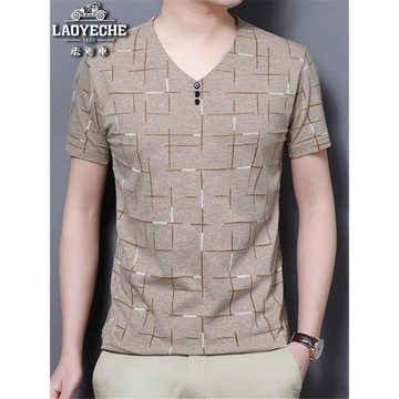 老爺車短袖t恤男士夏季新款冰絲潮流V領絲光棉體恤衫中年半袖男裝