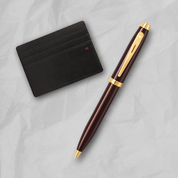 【SHEAFFER】100系列亮棕金夾原子筆+經典卡夾禮盒 免費刻字
