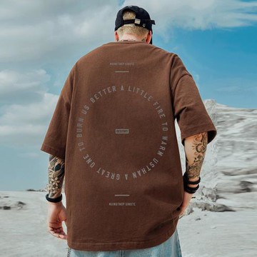 美式復古咖啡色T恤純棉潮流bf風百搭休閑寬松純棉短袖大碼半袖男