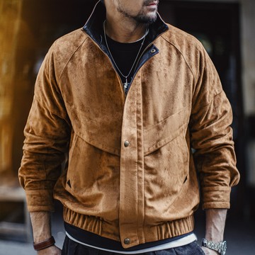 馬登工裝 美式復古麂皮絨教練夾克立領短版美拉德翻毛皮外套男秋