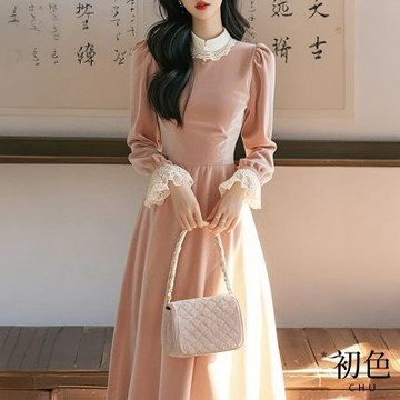 初色 絲絨蕾絲拼接立領修身中長連衣裙連身洋裝-粉色-10236(M-XL可選)