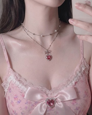 (Choi Yena 項鍊) 薔薇粉心公主疊戴項鍊 - 銀色款