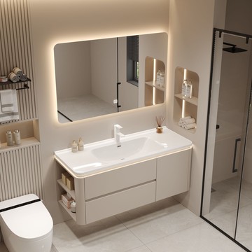 奶油輕奢圓角陶瓷一體智能浴室柜組合簡約現代北歐盆衛生間洗漱柜