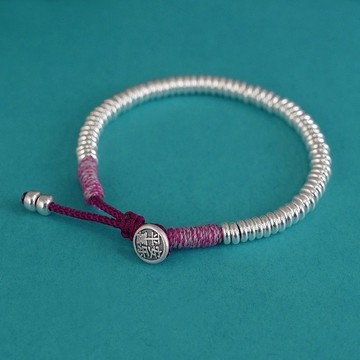 手鍊 手縺 S925銀手工精編盤纏紅繩手鏈平安喜樂百搭疊戴復古老式銀手串禮物