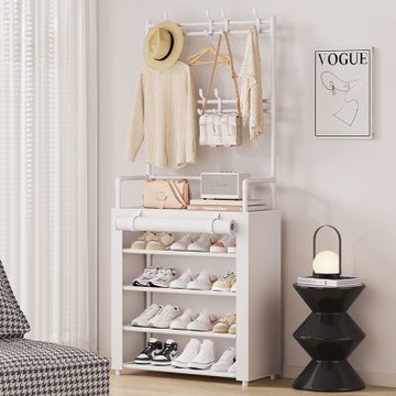 【生活采家】落地型一體組合衣帽鞋架(含白布套) 5層60cm款#145002