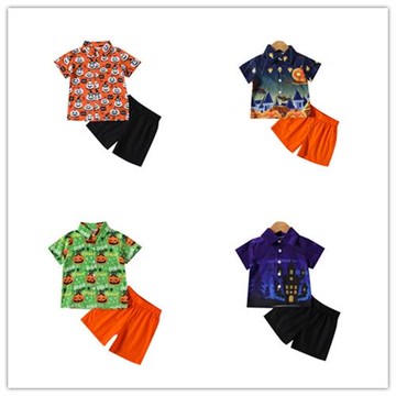 kaka歐美外貿跨境新款男童萬圣節短袖南瓜幽靈印花襯衫+短褲套裝