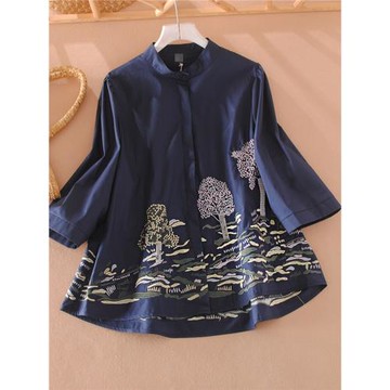 中國風立領女士刺繡花寬松A版大擺上衣七分袖春秋高級感復古襯衫