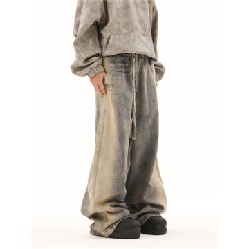 BTSG美式復古RO風抽繩拉鏈漸變水洗做舊寬松闊腿拖地工裝牛仔褲男
