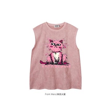 From Mars 粉色野貓 復古夏季運動貓咪印花甜酷風寬松無袖背心BF