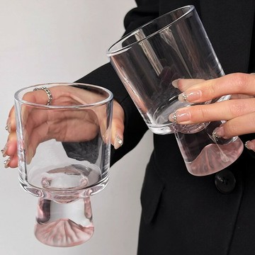 粉色山脈玻璃杯子水杯高級感小眾創意高腳飲品杯咖啡杯甜筒杯酒杯