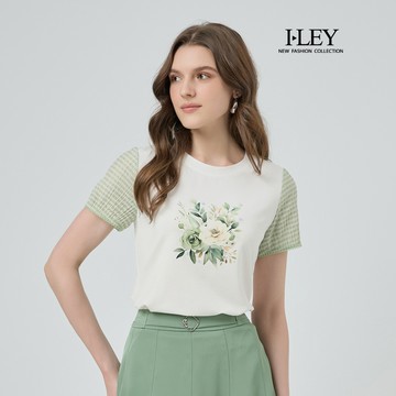 ILEY伊蕾 格紋花朵印花縲縈短袖上衣(白；M-2L)