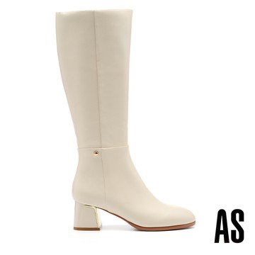 AS 時尚品味金屬小圓釦全真皮高跟長靴－米